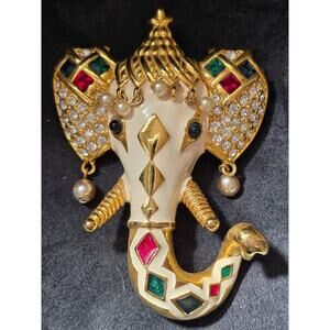 KJL Elephant Ganesha Brooch Jewels of‎ India Rhinestones Enamel Faux Pearls